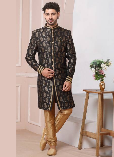 Black Colour Party Wear Mens Jaquard Silk Indo Western Collection 1685